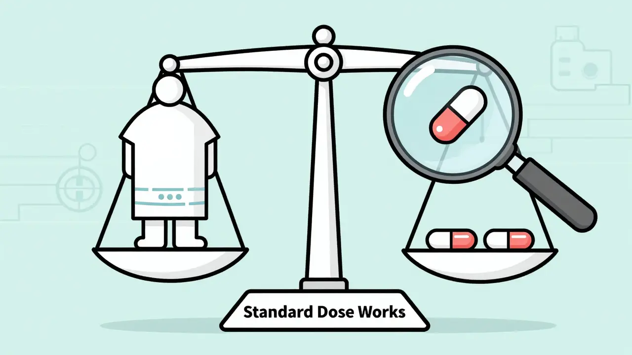 Scale showing edoxaban pill too small for heavy patient, standard doses work better.