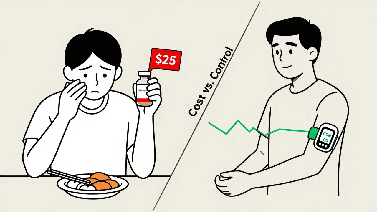 Side-by-side comparison of affordable human insulin versus biosimilar with CGM for blood sugar control.