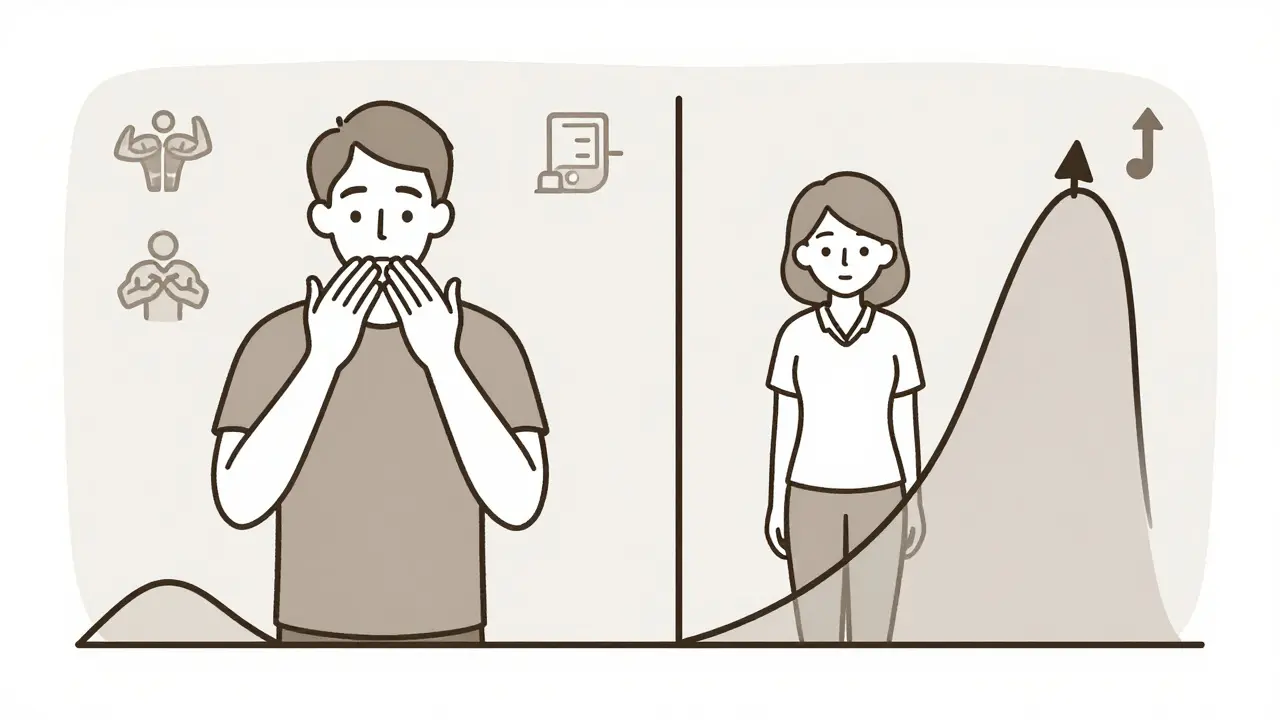 Side-by-side comparison of how statins are metabolized in men versus women, shown through simplified biological icons.