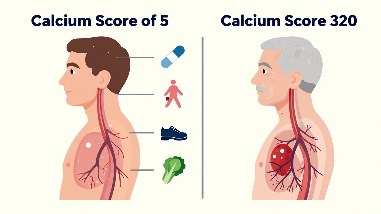 Side-by-side comparison of low and high coronary calcium scores in transparent human profiles.