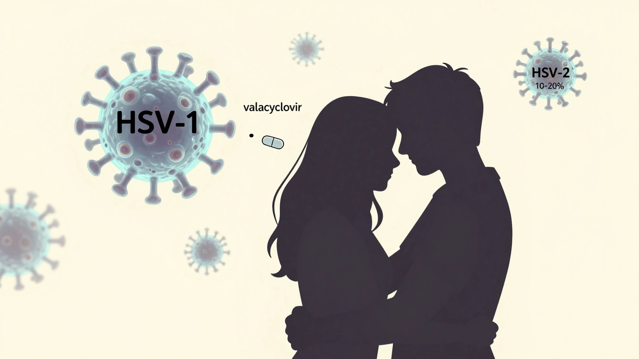 Silhouetted couple with viral particles reduced by a pill, symbolizing transmission prevention.