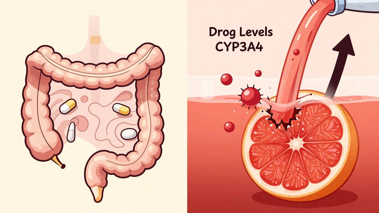 Split illustration of healthy vs. grapefruit-disrupted drug metabolism, with enzyme destruction and rising drug levels.