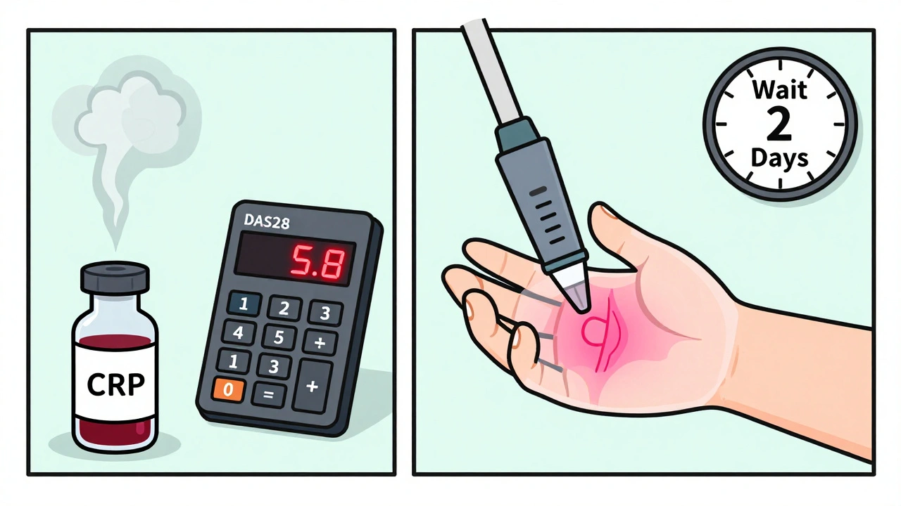 Split illustration showing CRP blood test and ultrasound revealing hidden joint inflammation
