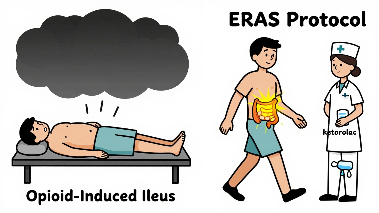 Split image: left shows dark, sluggish gut from opioids; right shows bright, active gut with walking and ERAS symbols.
