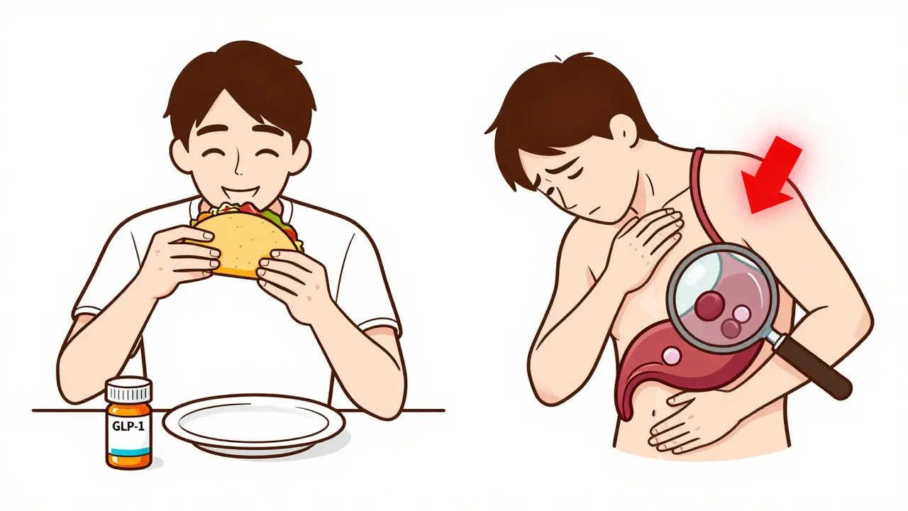 Split scene: person eating fatty food vs. experiencing radiating abdominal pain with gallstone visualization.
