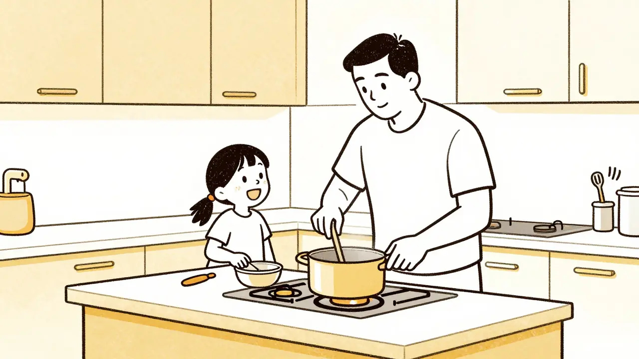 Stroke survivor cooks with family in an adapted kitchen using supportive tools.