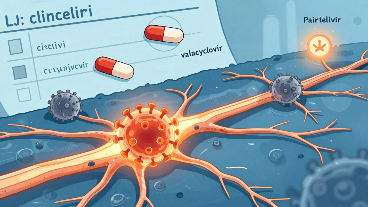 Three antiviral pills blocking virus replication in a nerve cell network, with resistant strains fading.