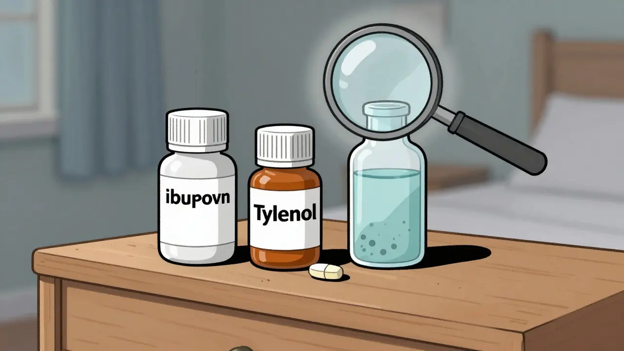 Three expired medications on a drawer shelf — one tablet cracked, one liquid cloudy — under a magnifying glass.