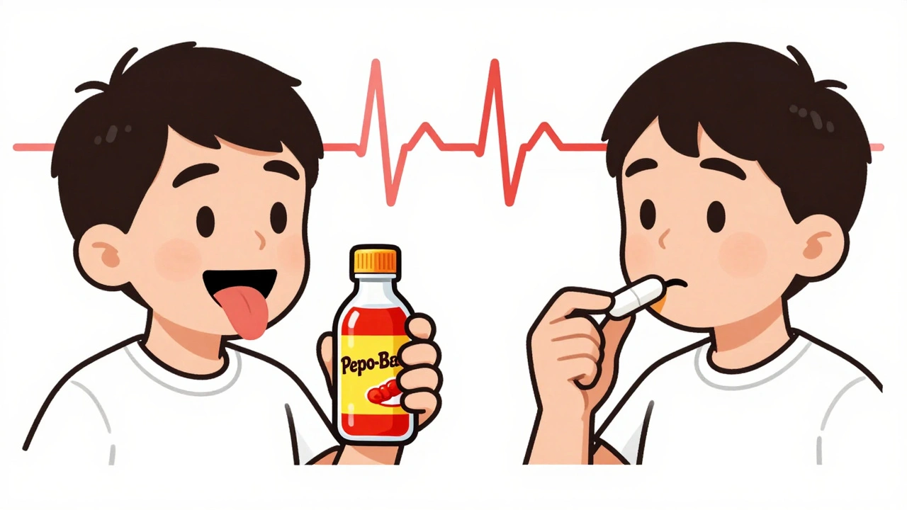 Two characters comparing effects of Pepto-Bismol and Imodium, one with black stool, the other with heart danger.