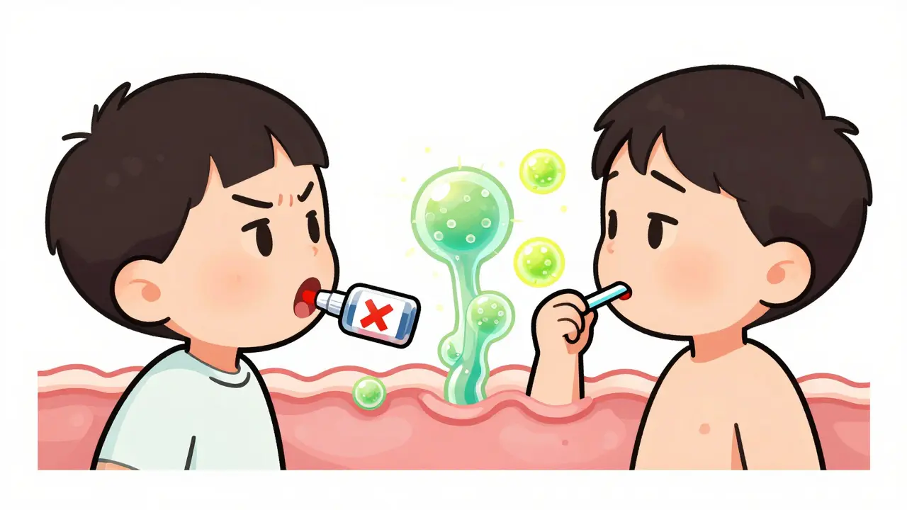 Two figures comparing correct vs. incorrect use of nystatin oral suspension.