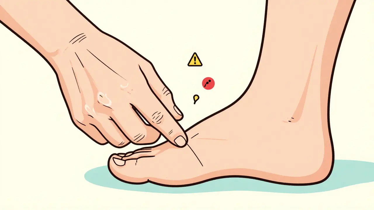 Two hands testing foot sensation with a thin filament, warning symbols floating nearby.