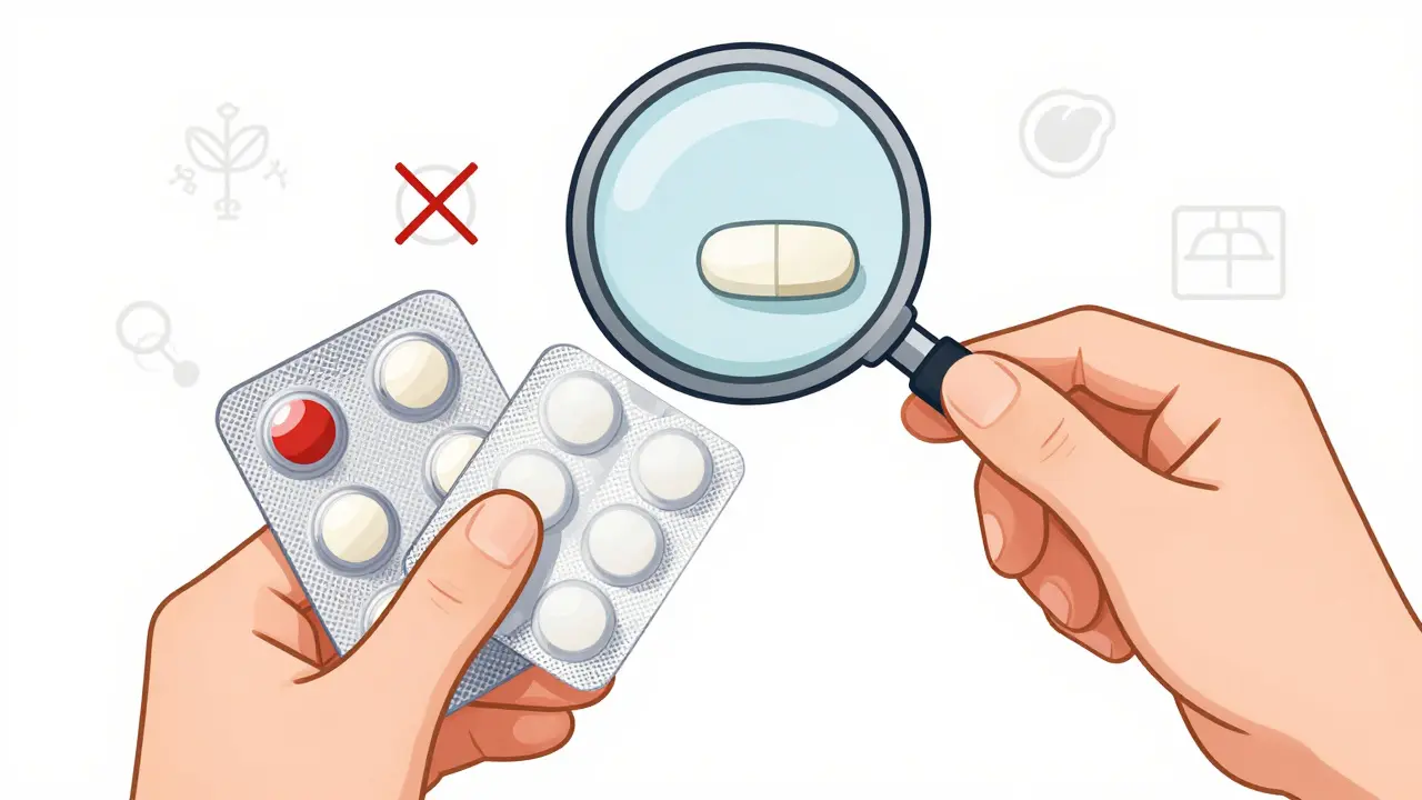 Two identical pills side by side—one branded, one generic—under a magnifying glass showing same structure.