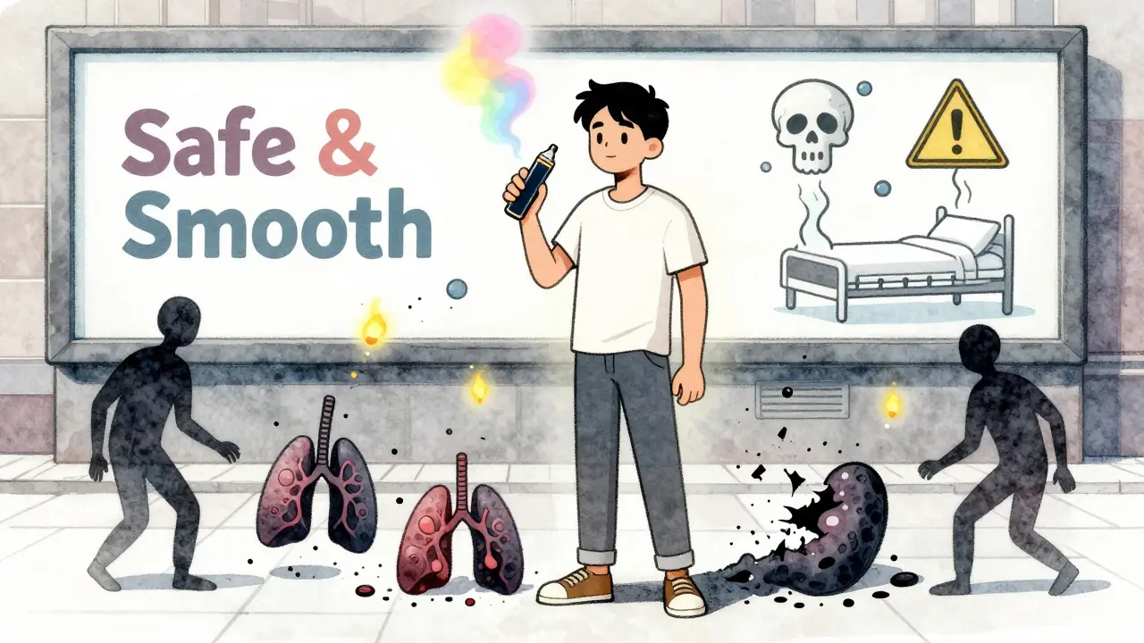 Young person vaping on a street, with lung cells collapsing and toxic symbols in the vapor.