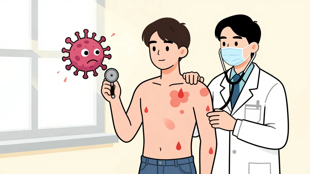 Young person with small red spots on skin, standing with doctor as strep bacteria floats nearby.