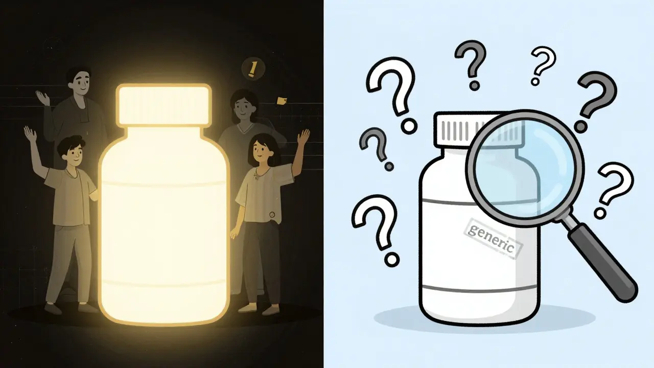 A bright branded drug ad contrasts with a plain generic pill, surrounded by question marks representing public doubt.