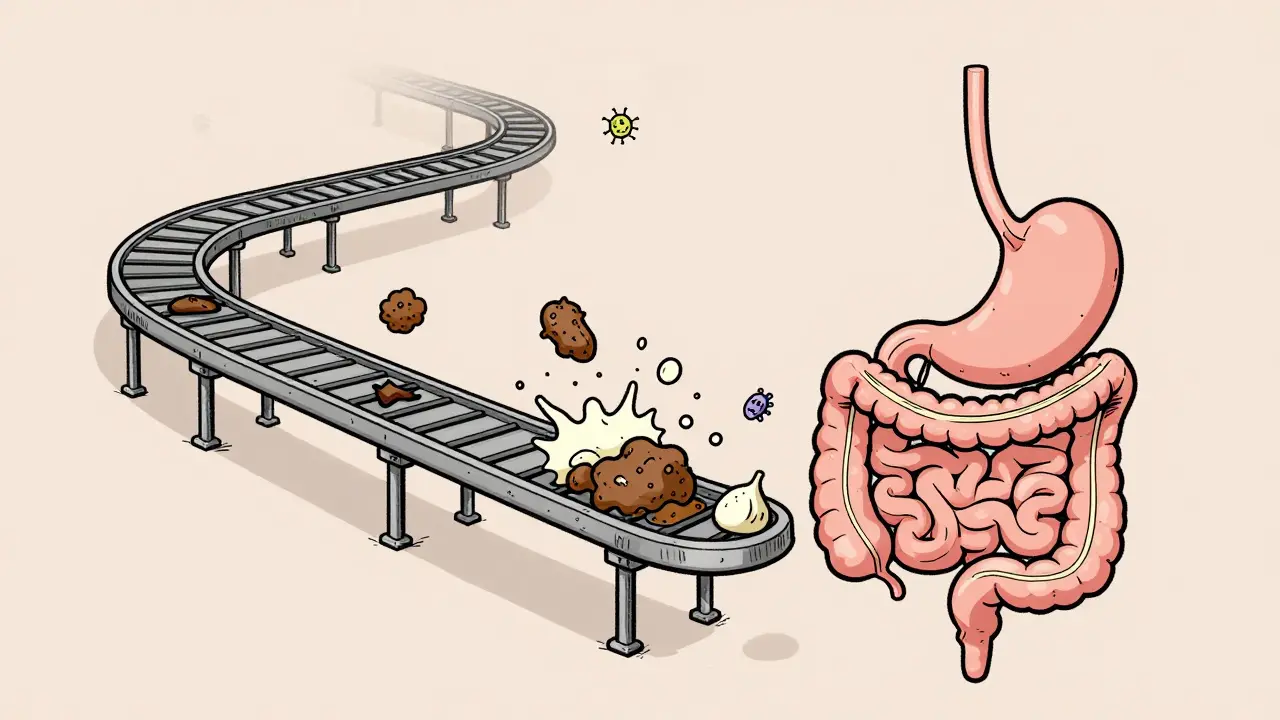 A digestive system illustrated as a broken conveyor belt with food stuck in the stomach and chaotic bowel movements on either side.