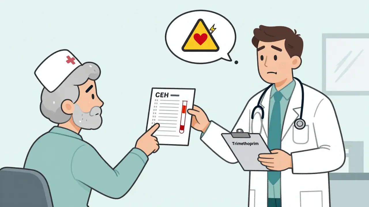 A doctor and patient reacting to a high potassium blood test result.