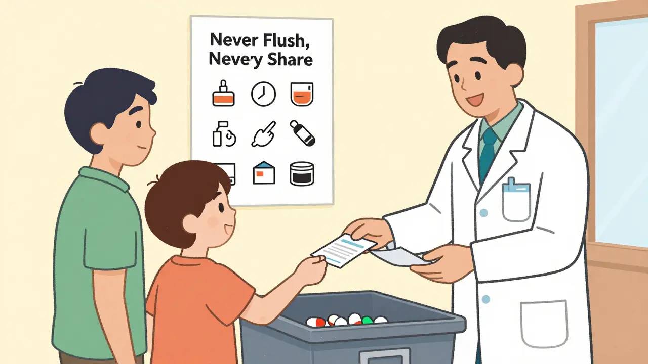 A family disposing of expired meds at a pharmacy take-back bin, with a pharmacist assisting and a child looking on.