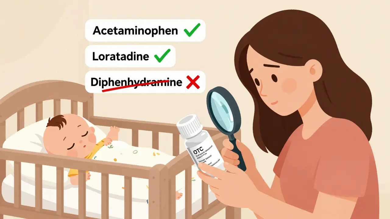 A mother examining OTC medicine ingredients with a magnifying glass while her baby sleeps peacefully.