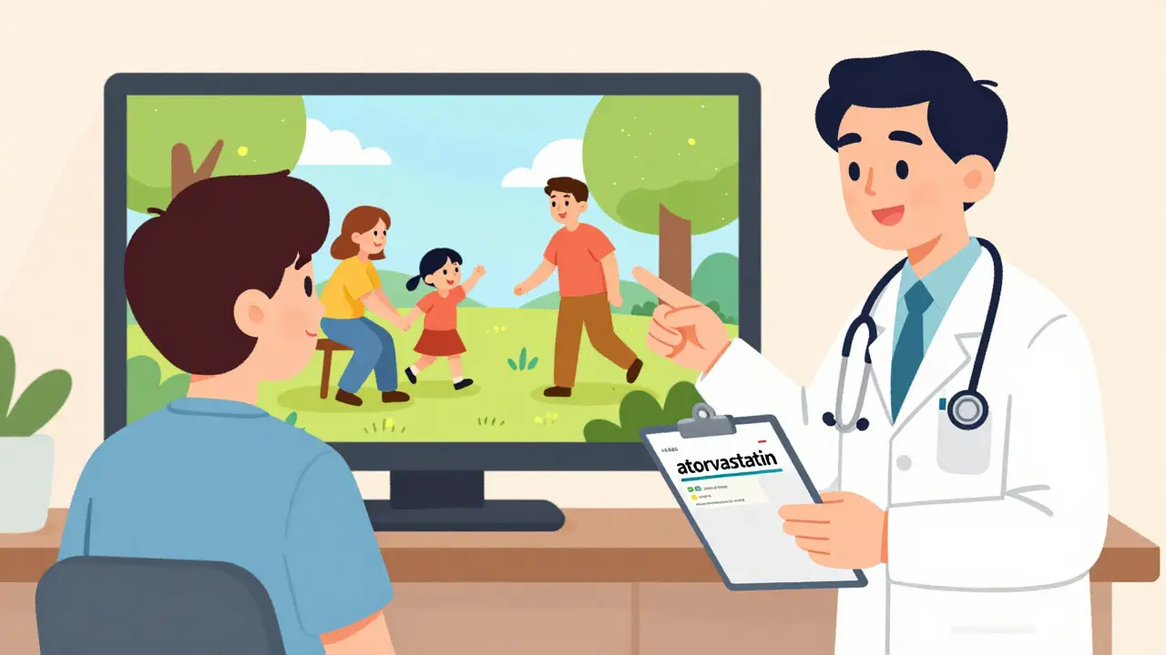 A patient points at a TV drug ad while their doctor prescribes a generic medication with a quiet, faded label.