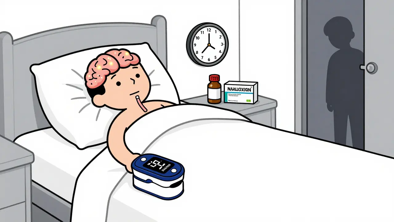 A person asleep with normal oxygen reading but suppressed breathing, opioid bottle and naloxone beside bed, night light casting shadows.