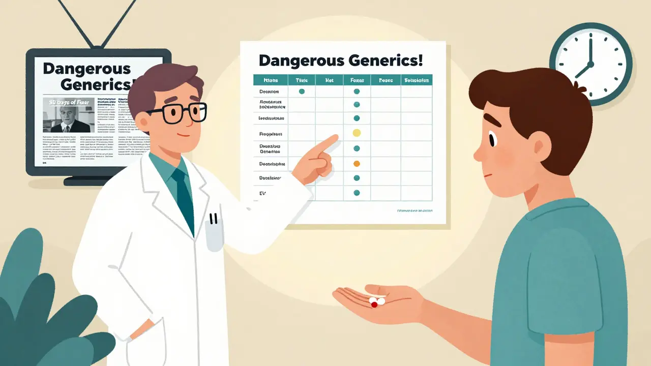 A pharmacist explains generic drug safety using an FDA chart while a TV displays alarming headlines.