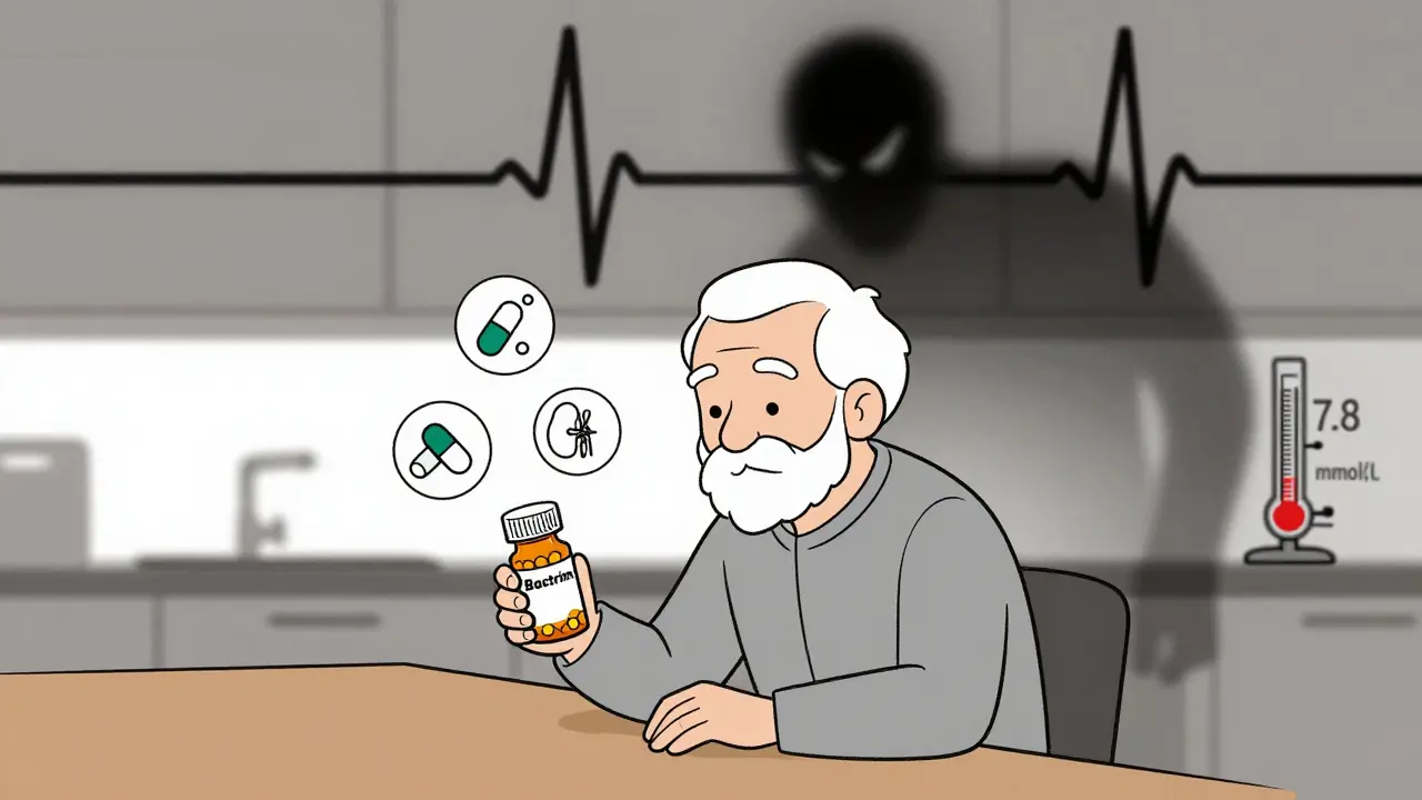 An elderly person taking Bactrim while a dangerous ECG waveform looms overhead.