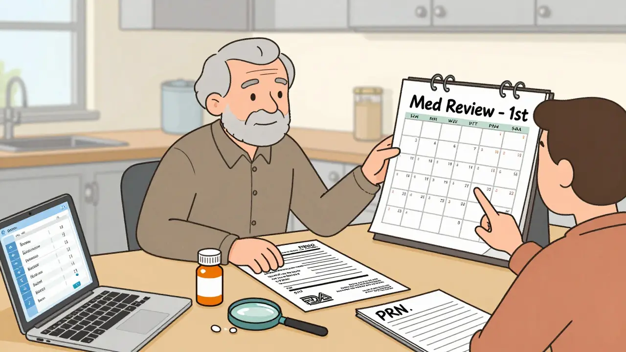 An older adult reviews pill bottles and a monthly medication checklist at the kitchen table with family.