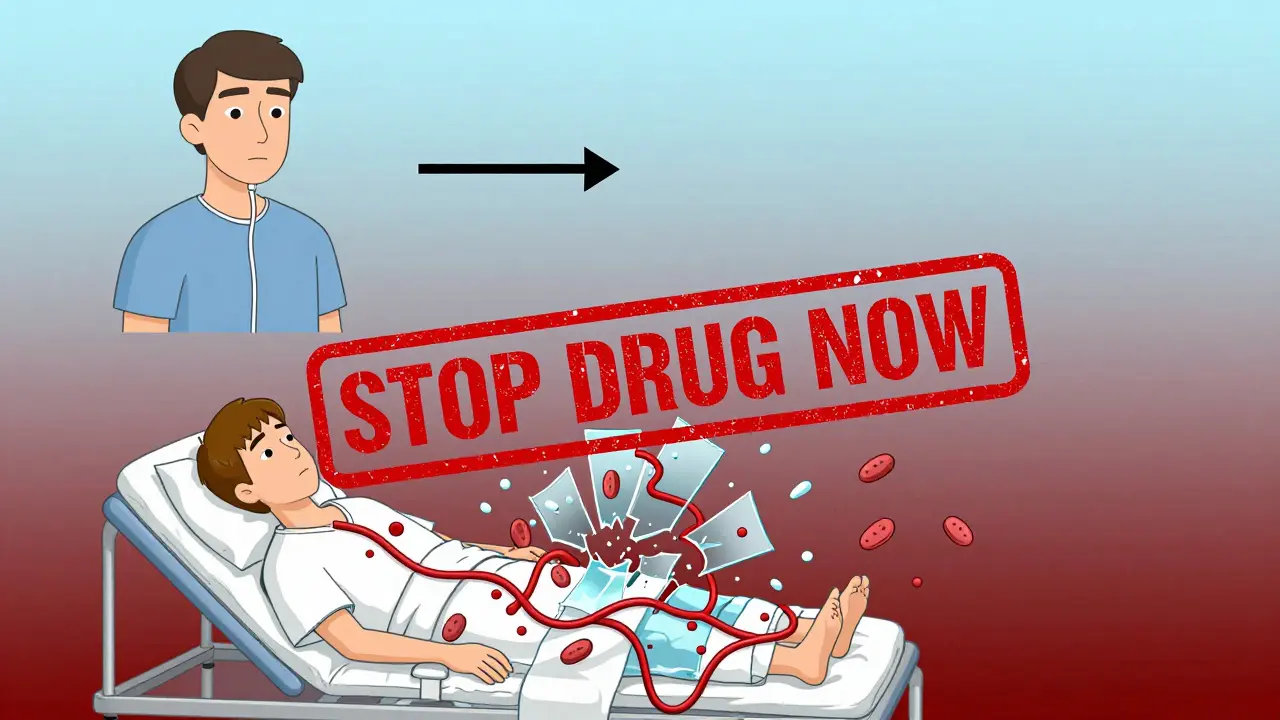 Before-and-after timeline of DIC progression: calm patient turning to critical state with collapsing clotting pathways and 'STOP DRUG NOW' stamp.