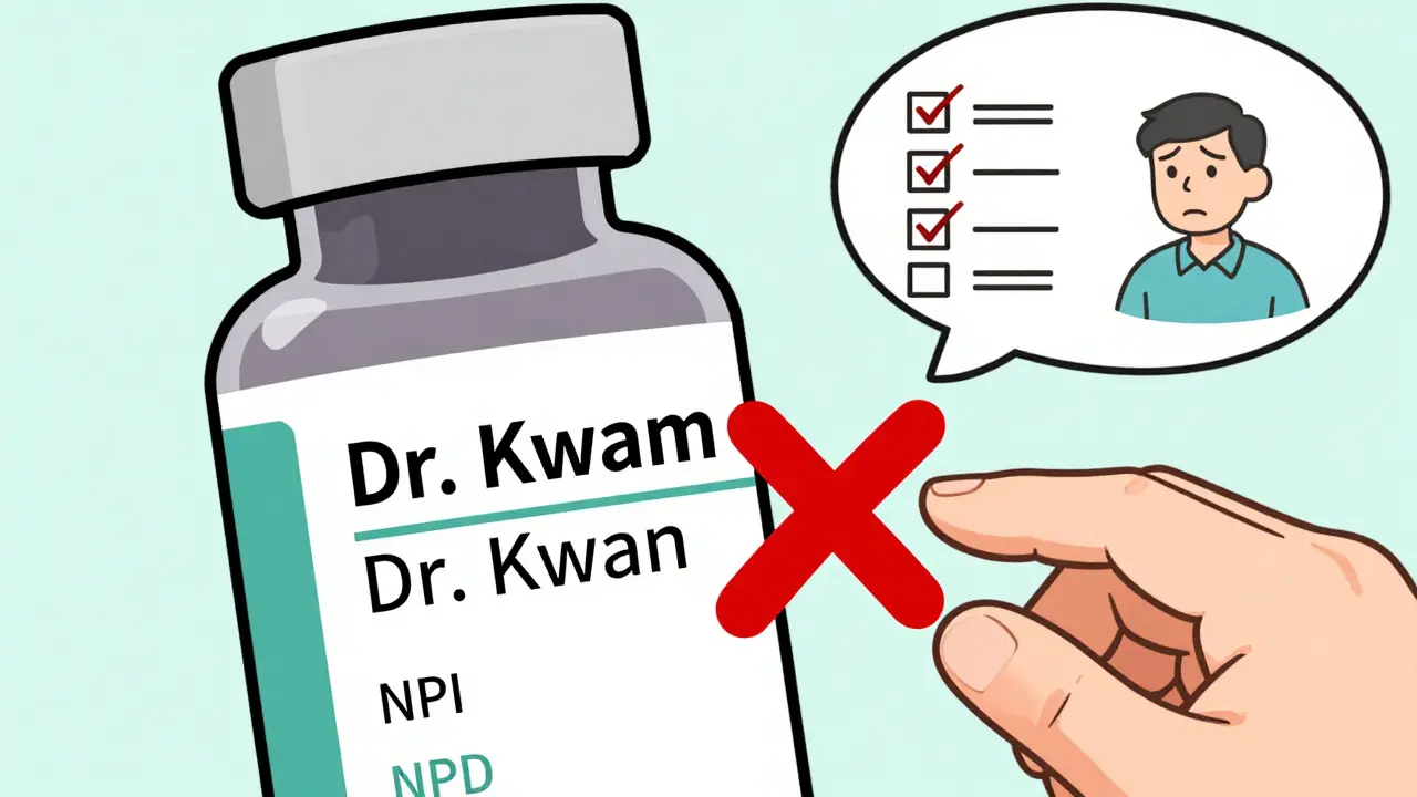 Close-up of a medication label with a misspelled prescriber name and verification checklist nearby.