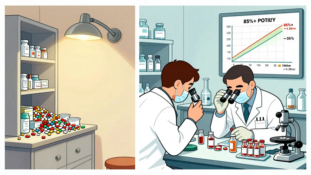 Contrast between messy home medicine cabinet and clean military lab with potency charts.