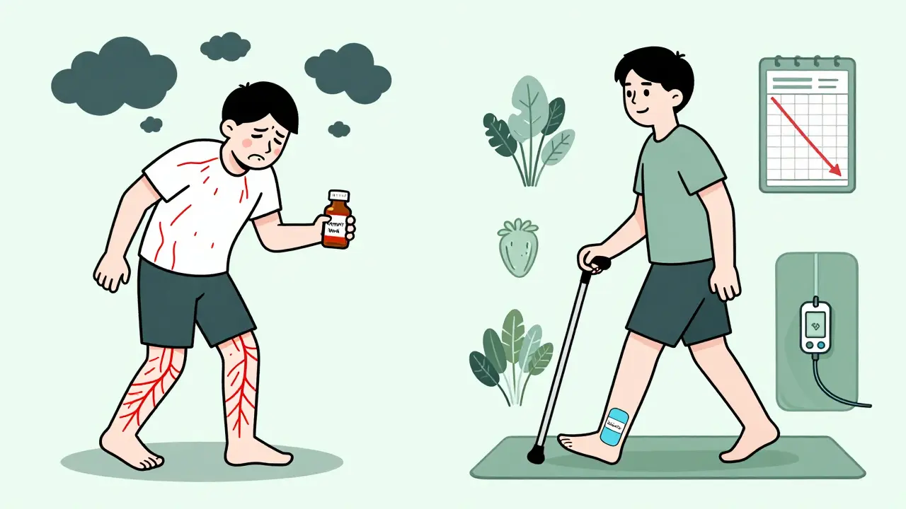 Contrasting images of painful neuropathy vs. managed symptoms with lifestyle tools and patches.