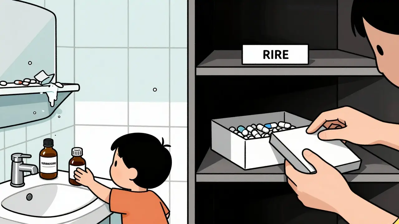 Contrasting scenes: a damp bathroom with dangerous pill exposure vs. a safe, dry closet with locked storage.