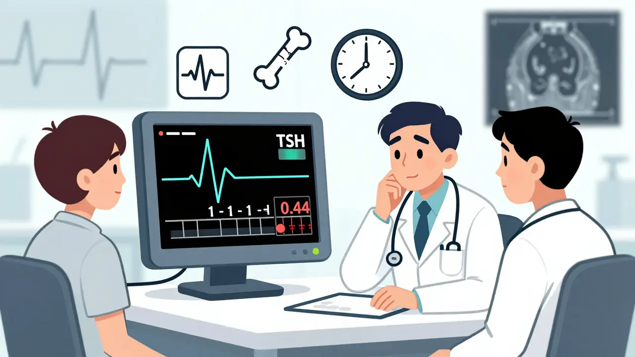 Doctor and patient discussing TSH levels with floating icons of heart, bone, and clock for monitoring.