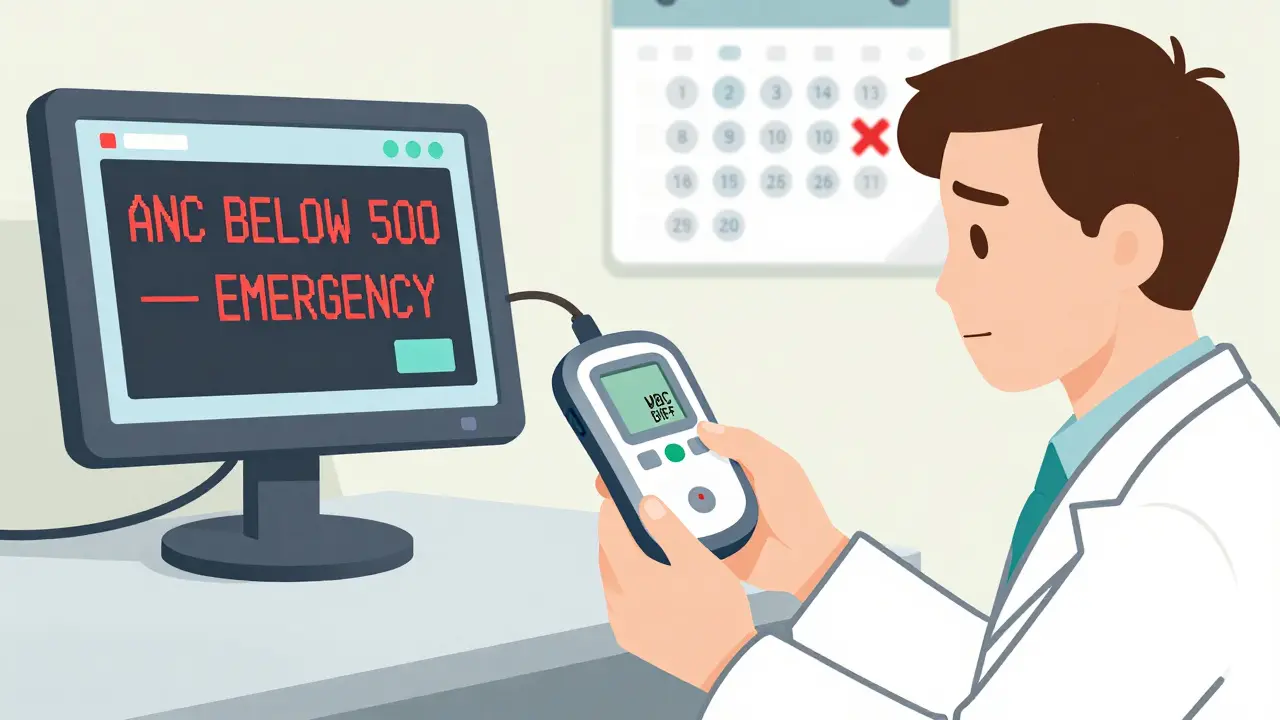 Doctor using handheld device to check blood count, with emergency alert on screen in clinic setting.