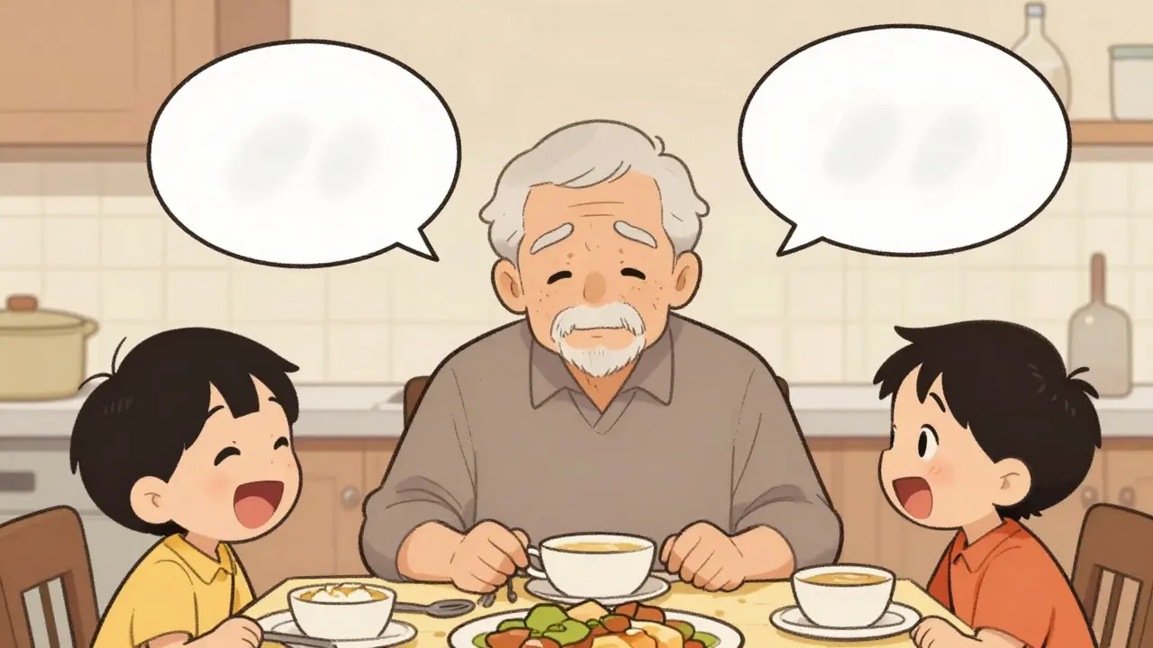 Elderly person at dinner struggling to hear family laughing