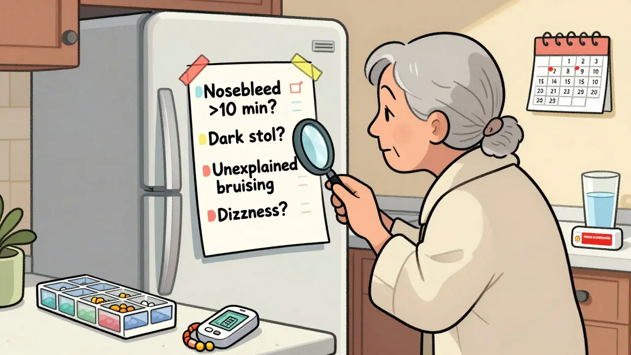 Elderly person checking bleeding risk checklist on fridge with pill organizer and medical ID