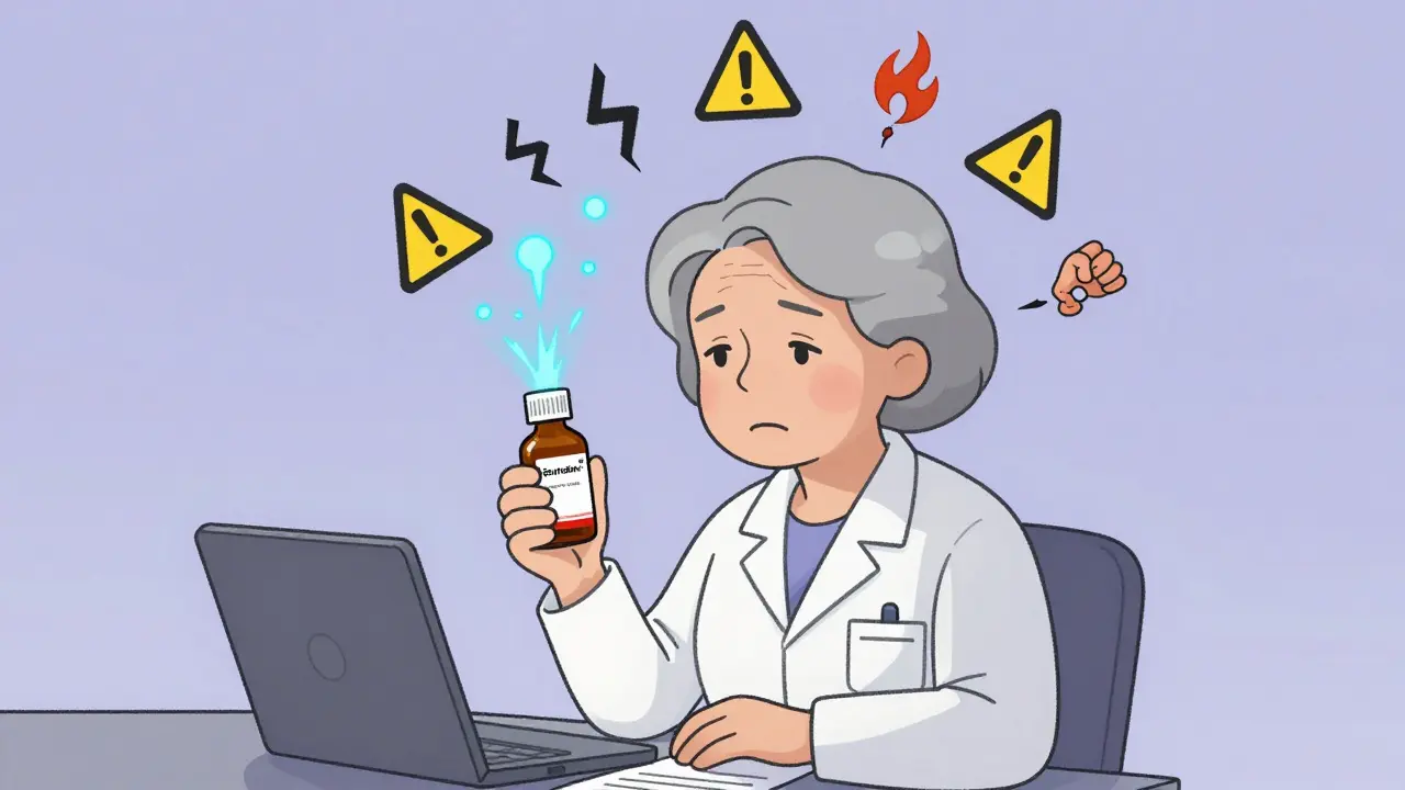 Elderly woman with serotonin molecules spiraling around her head from drug combo.