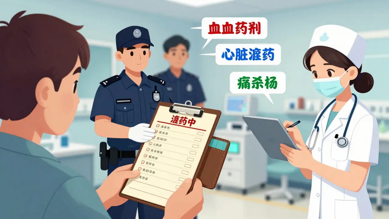 Emergency responders use a patient’s wallet medication list to guide treatment in a hospital setting.