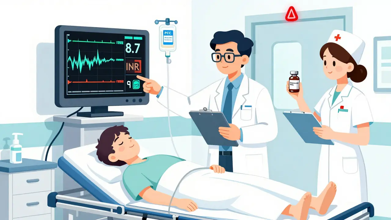 Emergency room staff administering reversal agents to patient with high INR levels