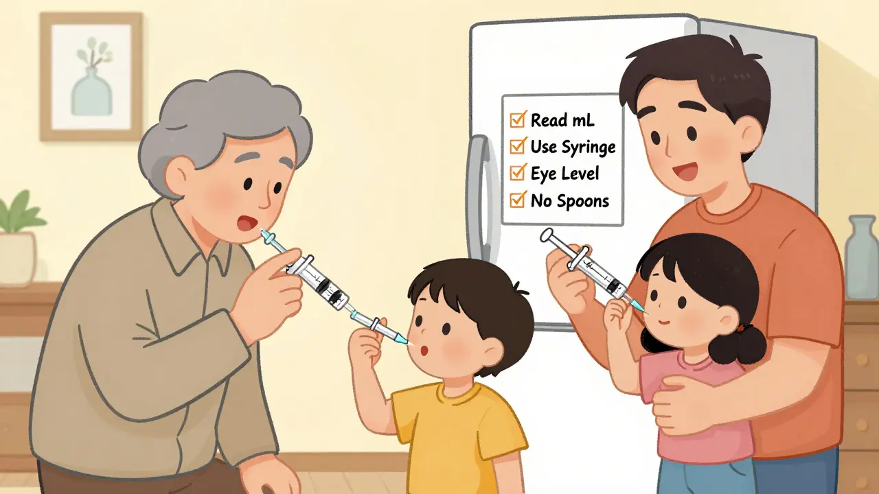 Family using oral syringes to give medicine, with safety checklist on fridge