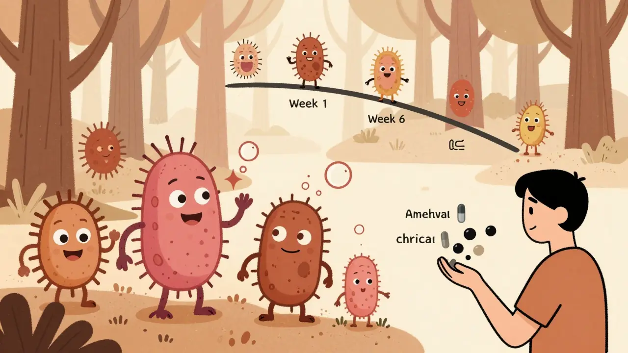 Friendly gut bacteria in a forest setting adapting to medication, with probiotics helping restore balance.