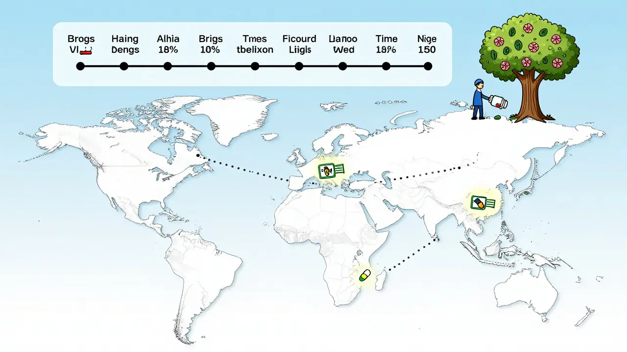 Global map showing NATO countries connected by drug extension symbols and a timeline of long-lasting medications.