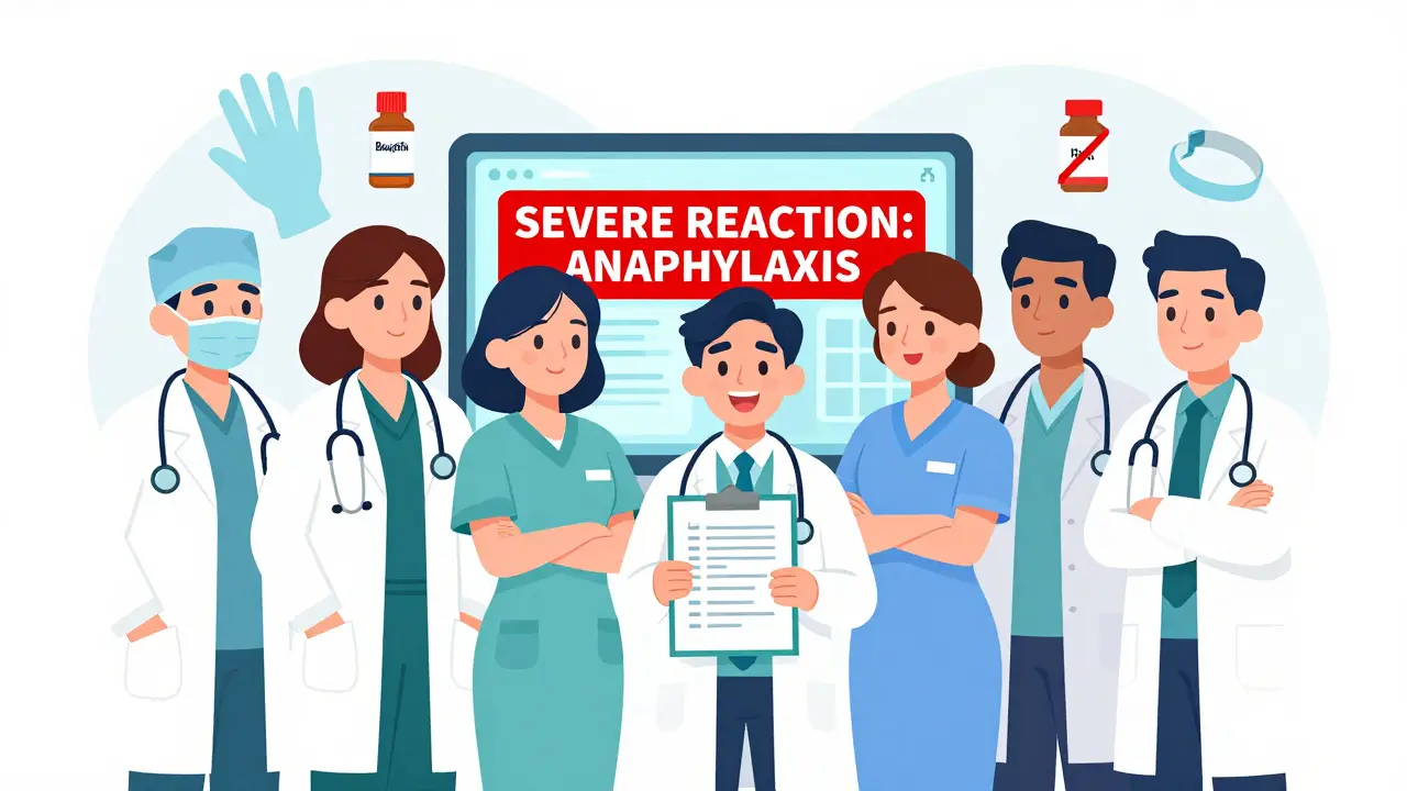 Healthcare team reviewing a drug allergy alert on a digital screen with patient