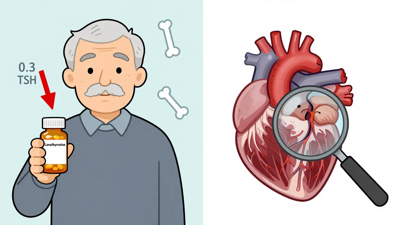 Man adjusting thyroid medication as his heart thickens and bones weaken in a split-panel illustration.