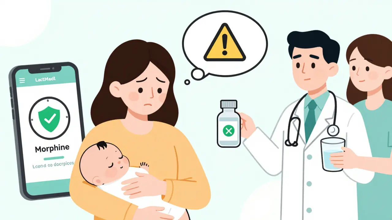 Mother concerned about baby's sleepiness, with doctor guiding her to safer opioid use and timing.