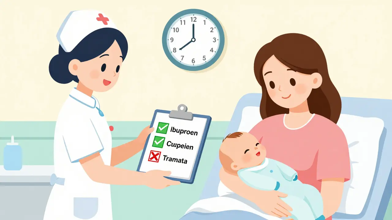 Nurse giving postpartum patient a pain management chart with clear safe and unsafe medication icons.