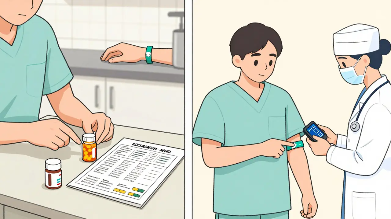 Patient organizing medications at home with medical alert bracelet visible