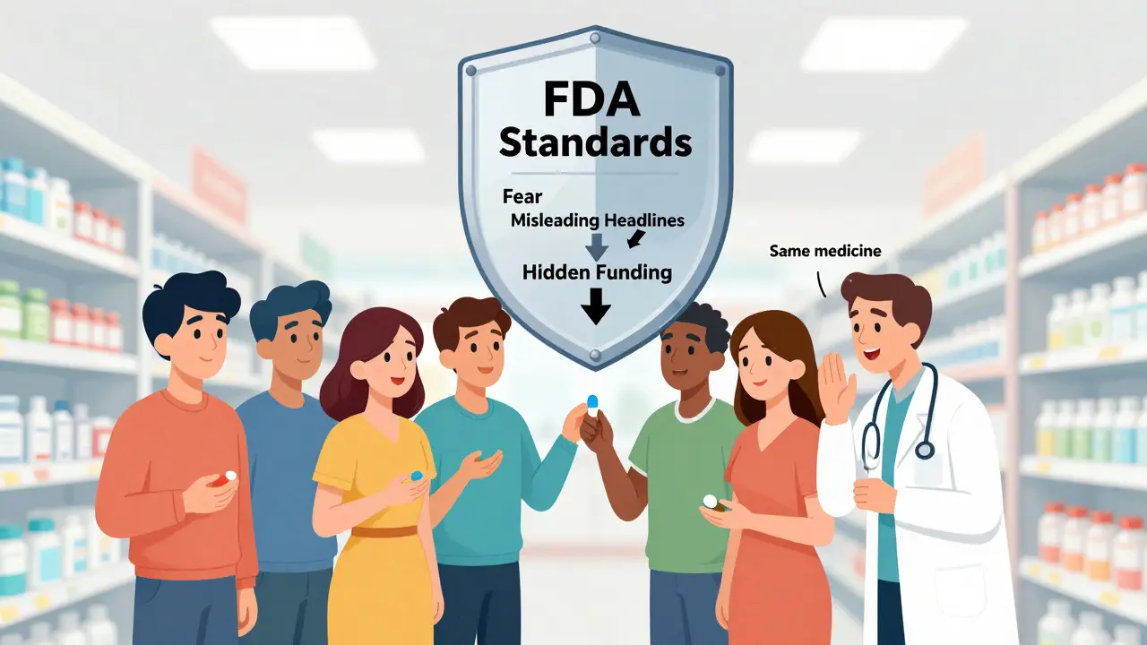 People in a pharmacy hold different generic pills under a shield labeled 'FDA Standards' blocking fear and misinformation.