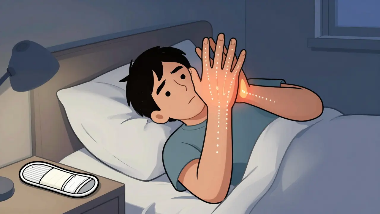 Person shaking their hand at night due to numbness from carpal tunnel syndrome.